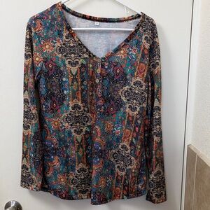 Bohemian Multicolor V-Neck Long Sleeve Top